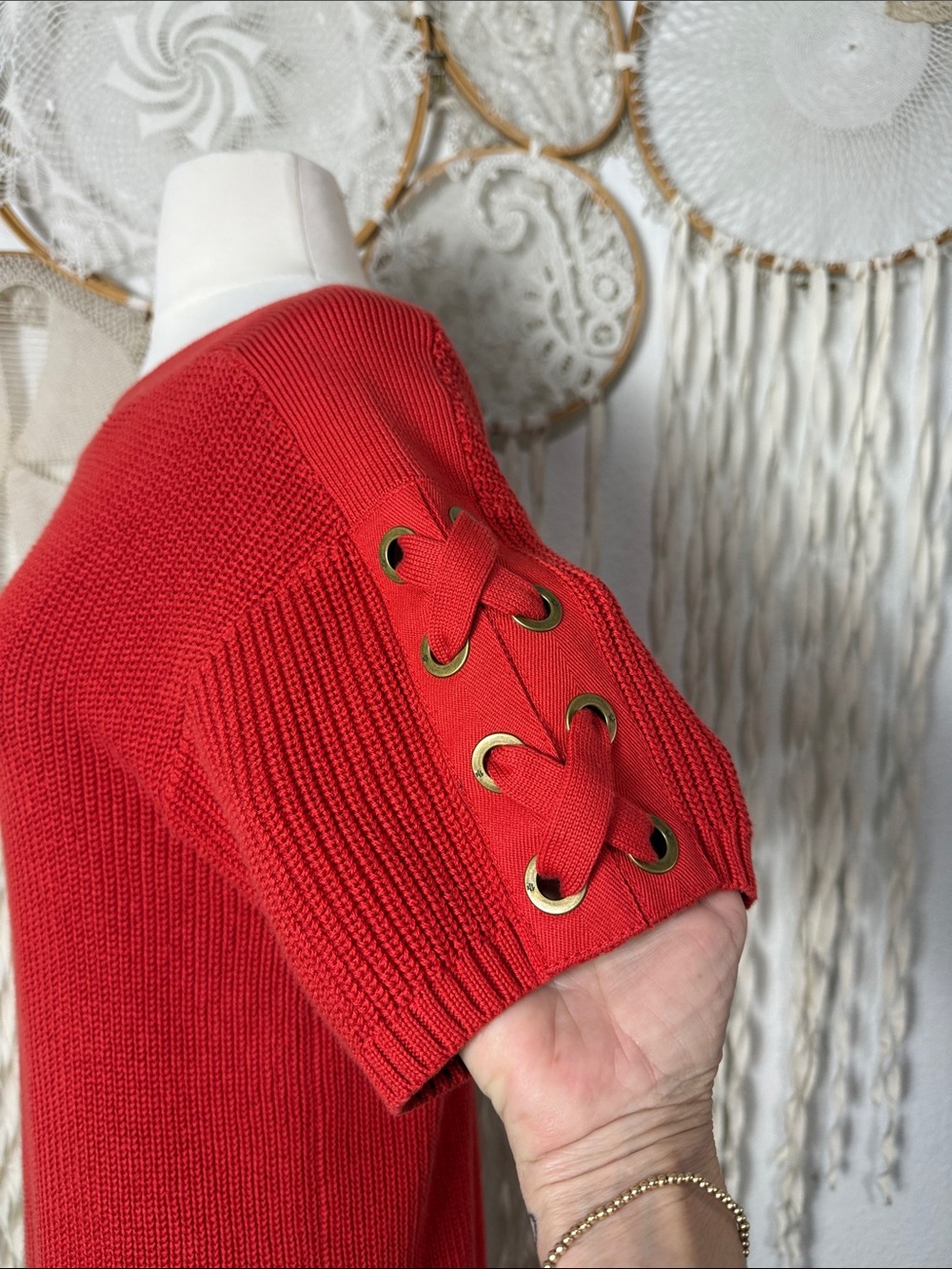 Laren Ralph Lauren Rusty Red Lace Up Sleeve Boatneck Sweater M - Picture 3 of 11